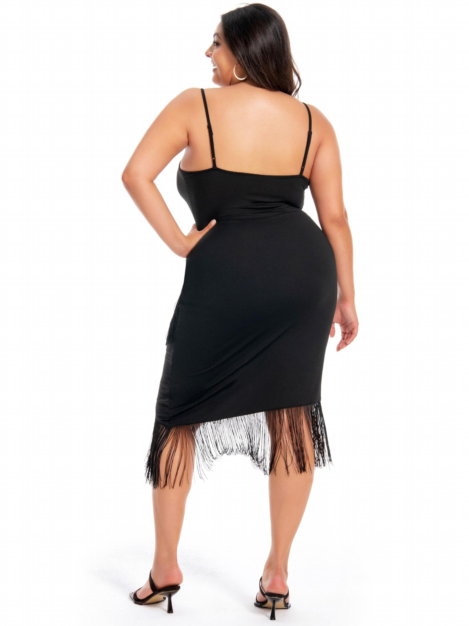  Solid V Neck Fringe Trim Cami Dress