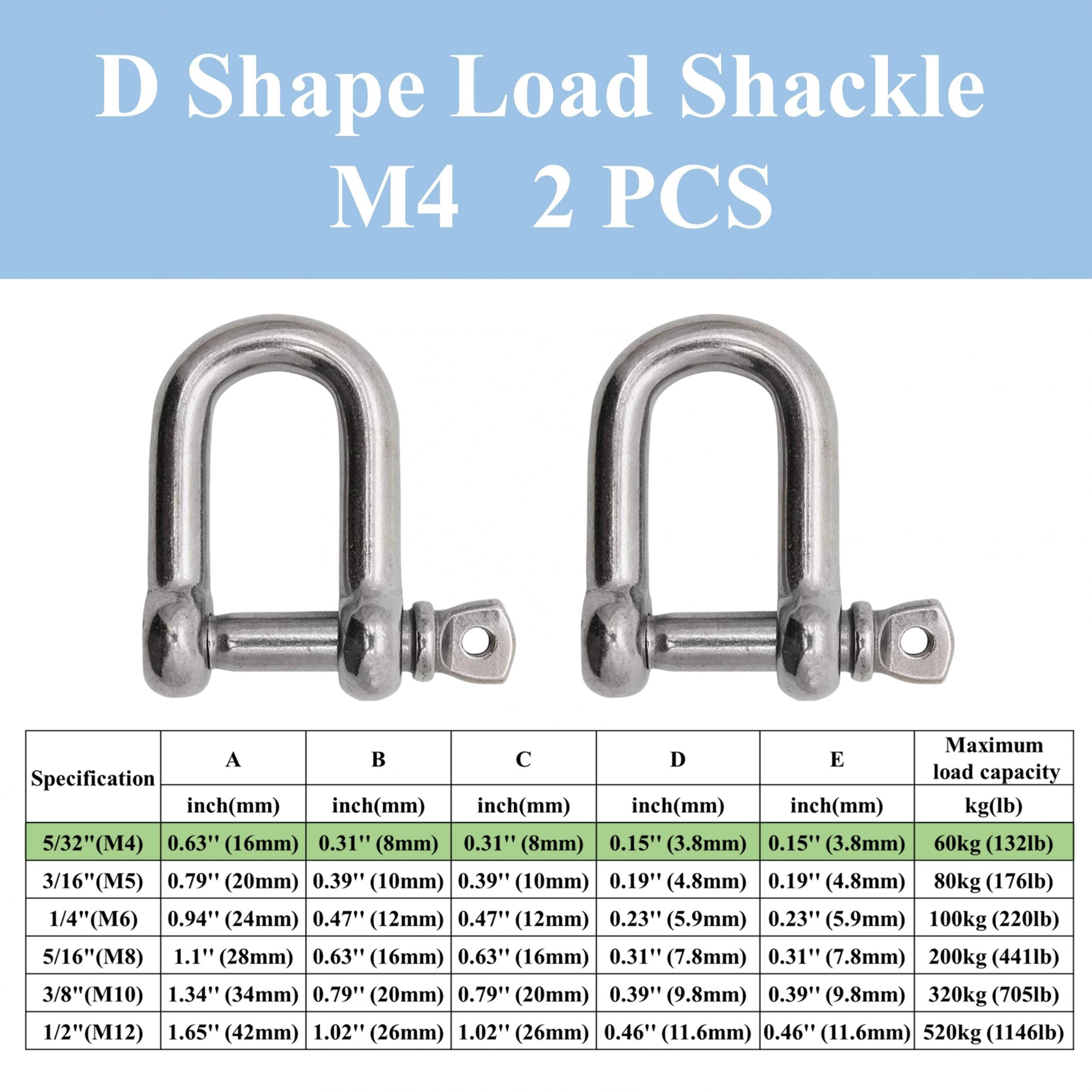 Stainless Steel D Shape Bow Load Shackle M4 12 7 81 M5 7 62
