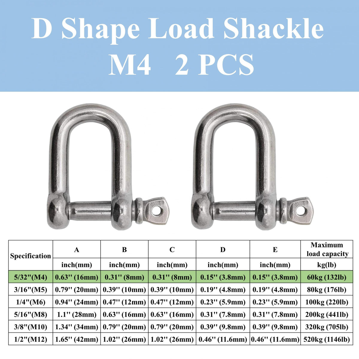 Stainless Steel D Shape Bow Load Shackle M4 12 7 81 M5 7 62