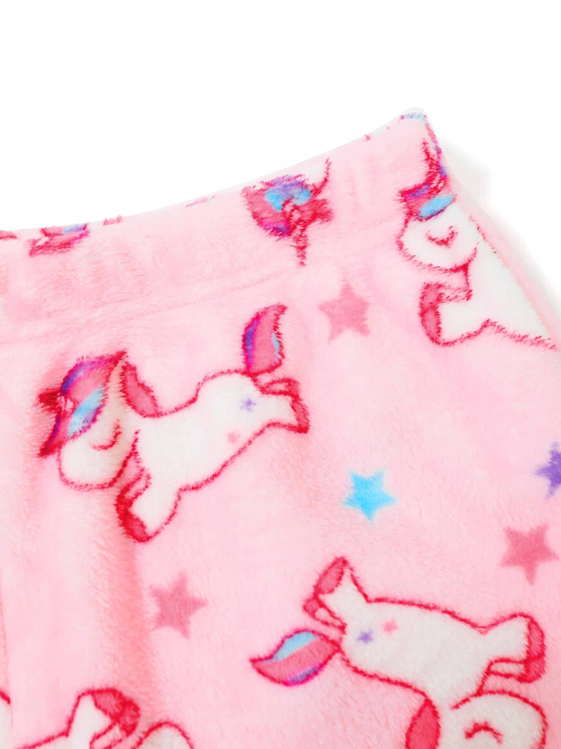  Women's Unicorn & Star Print Flannel Crop Top & Shorts Pajama Set