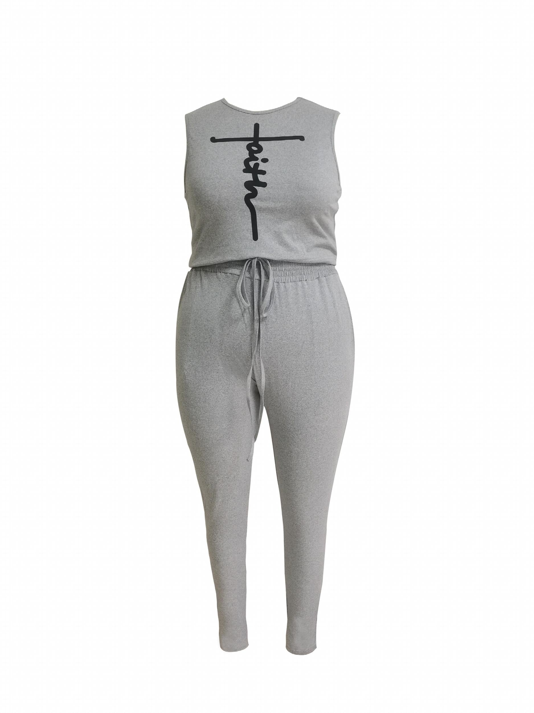 Plus Cross Print Drawstring Crop Tank & Leggings Outfit