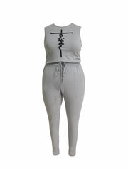 Plus Cross Print Drawstring Crop Tank & Leggings Outfit