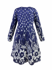  Floral Print Half Zipper Long Sleeve Round Neck A-line Dress