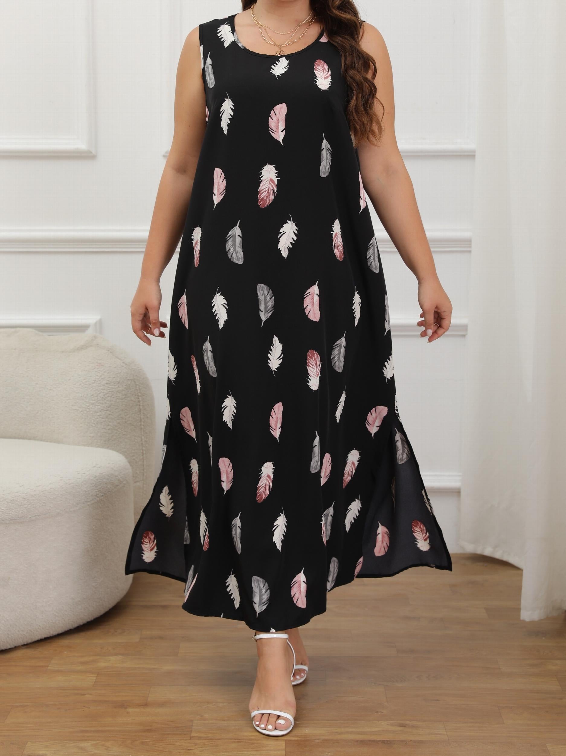 Feather Print Round Neck Split Maxi Dress