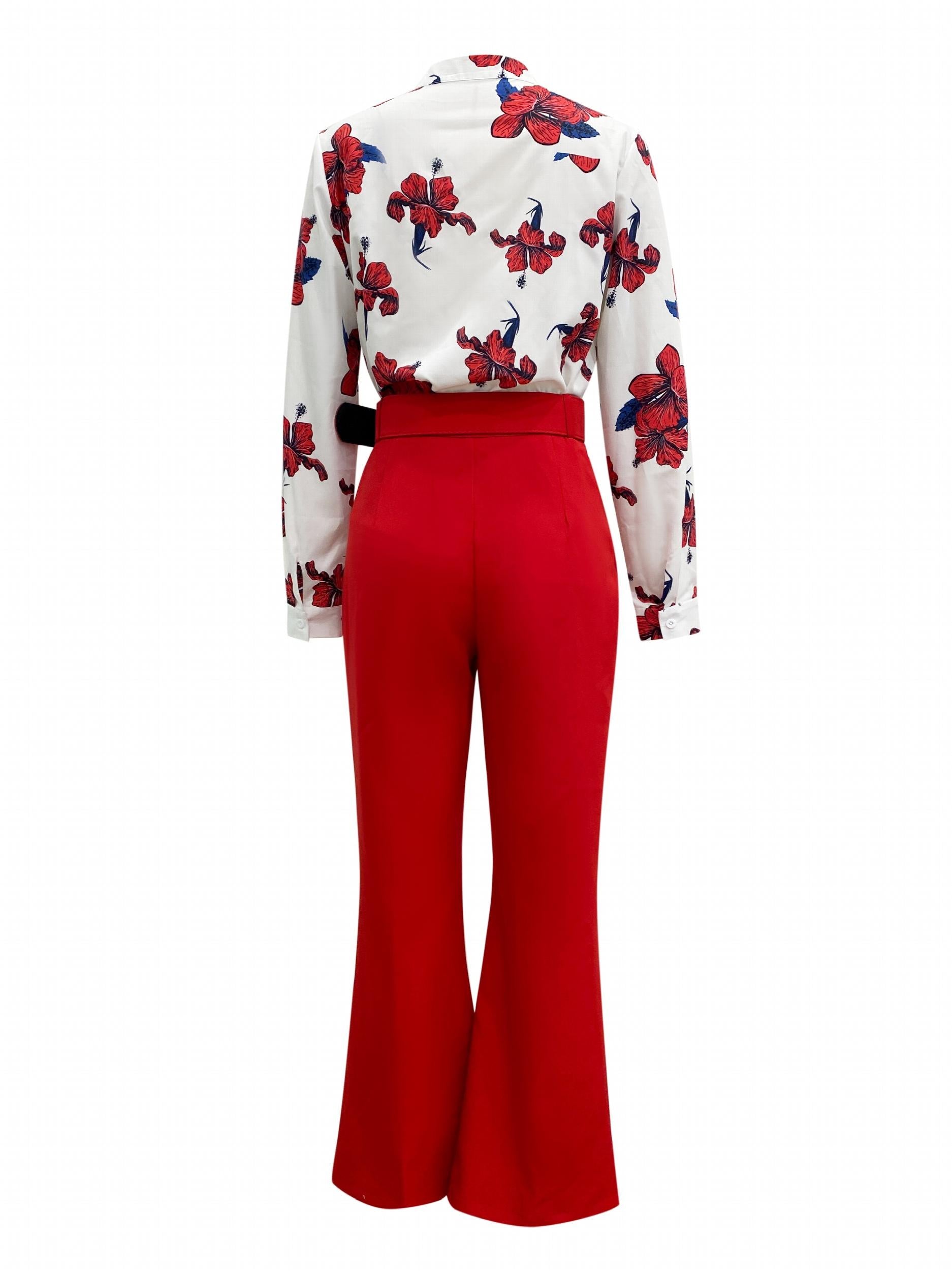 Floral Print Blouse & Wide Leg Pants Set Women's Casual Comfy Outfit