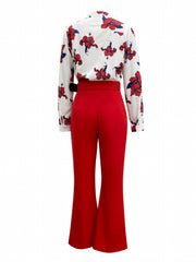 Floral Print Blouse & Wide Leg Pants Set Women's Casual Comfy Outfit