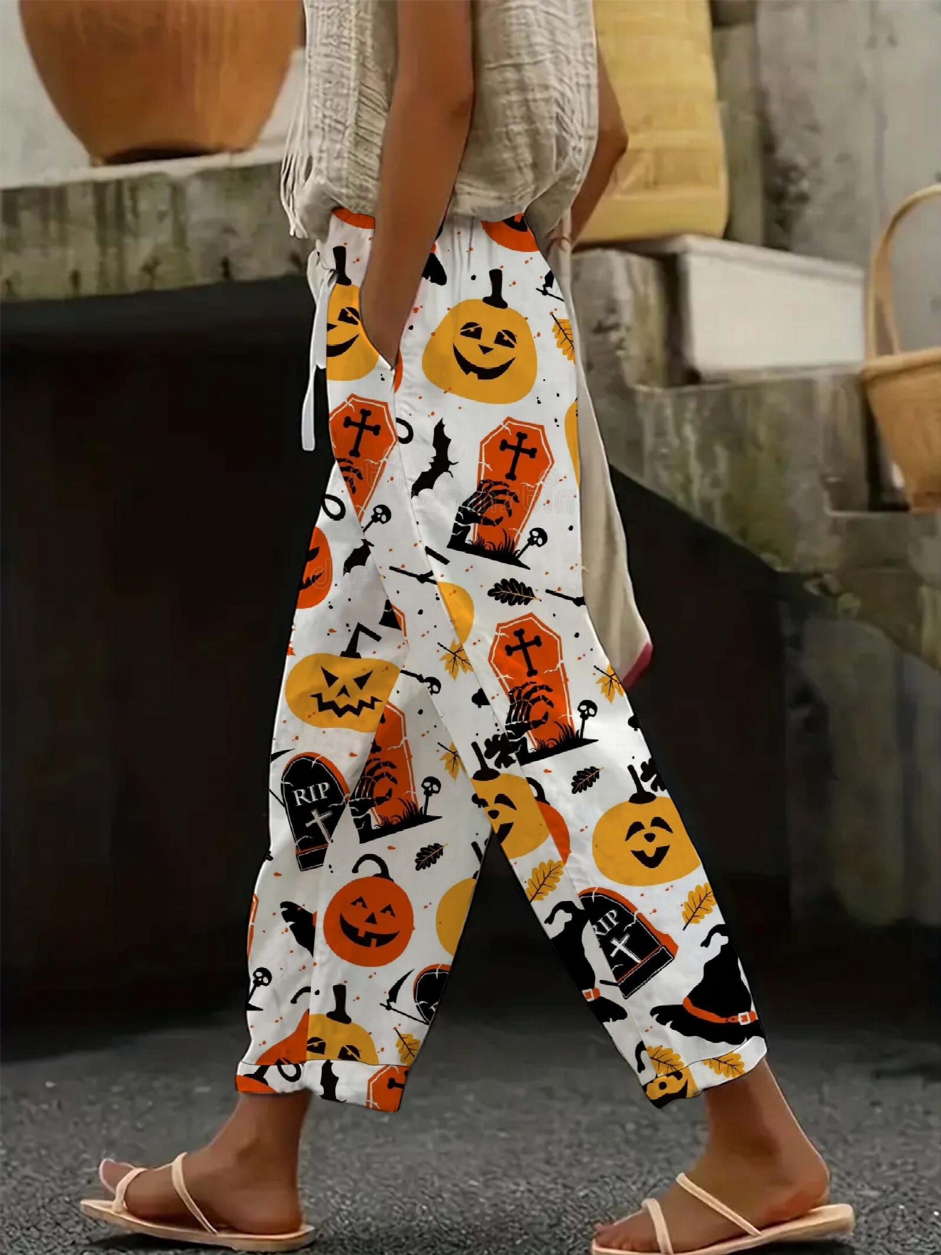  Allover Pumpkin & Witch Print Stretch Trousers With Pockets