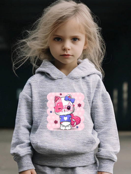 Girls Sweet Kitten Graphic 2pcs Set for Spring Fall Sports