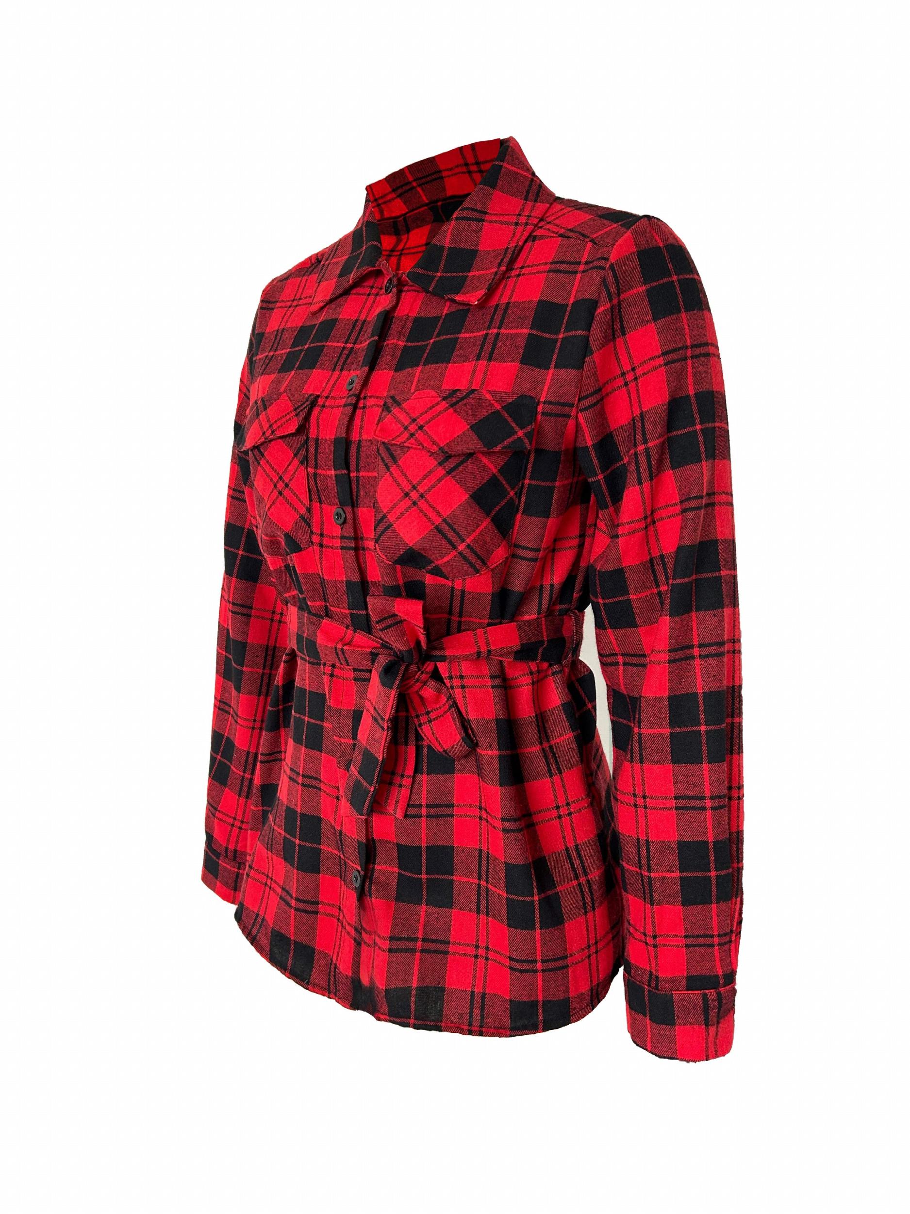  Plaid Print Button Up Long Sleeve Blouse With Belt