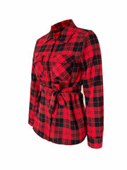  Plaid Print Button Up Long Sleeve Blouse With Belt