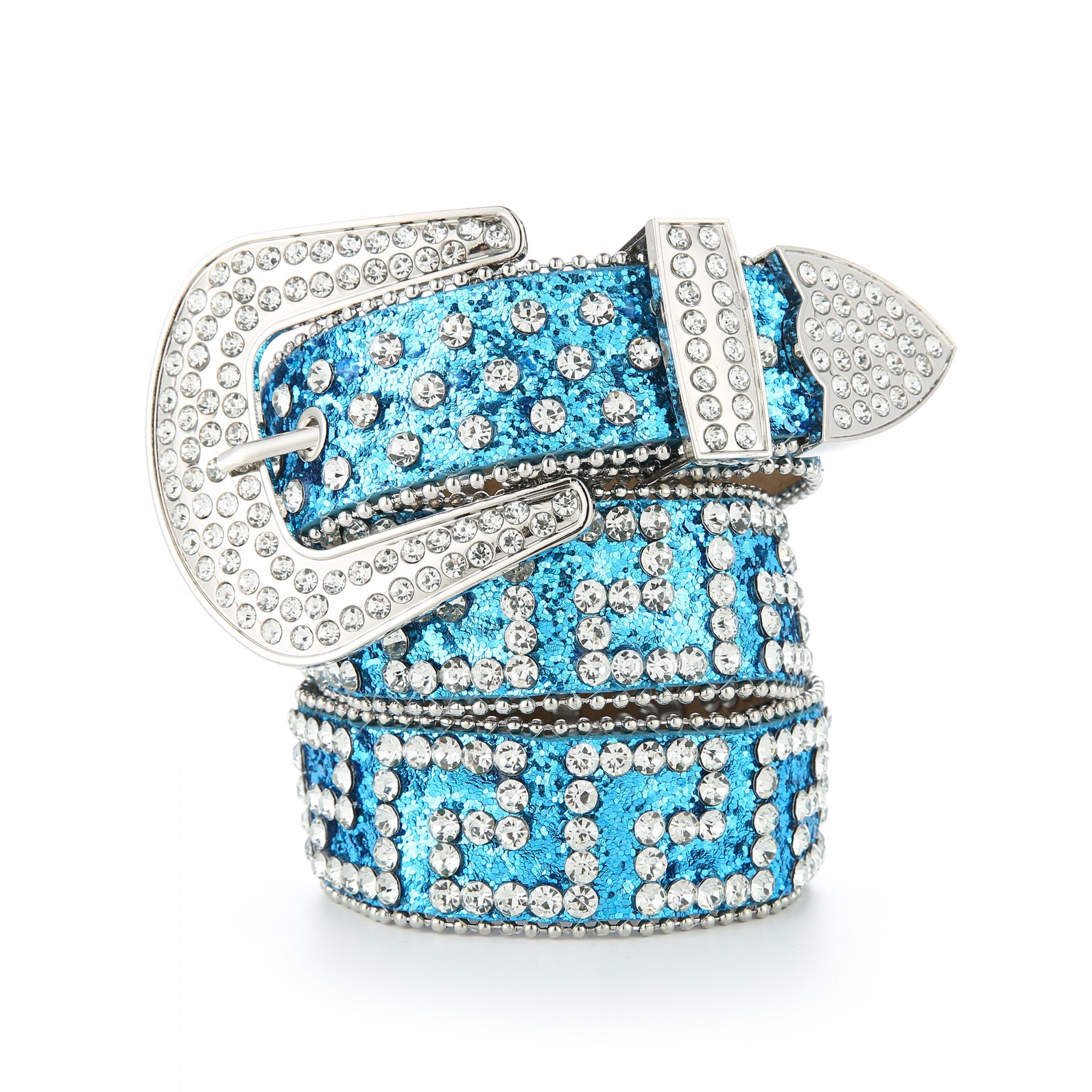 Y2K Sparkly Glitter Belt Geometric Rhinestone Decor Hip Hop PU Leather Belt