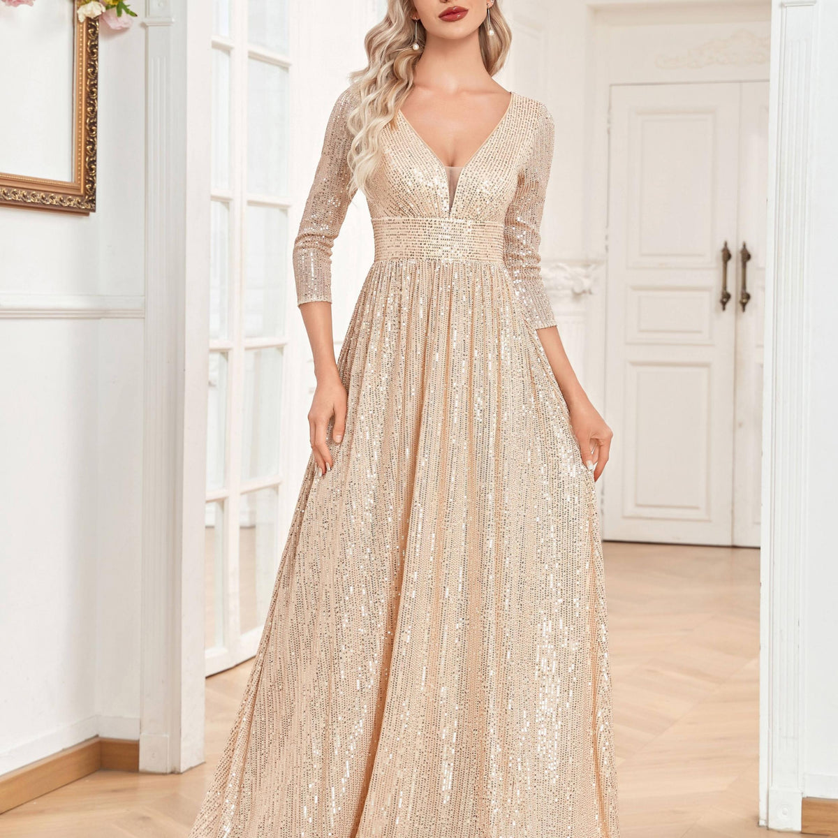 Sequined Maxi Dress V Neck Gown For Bridesmaid