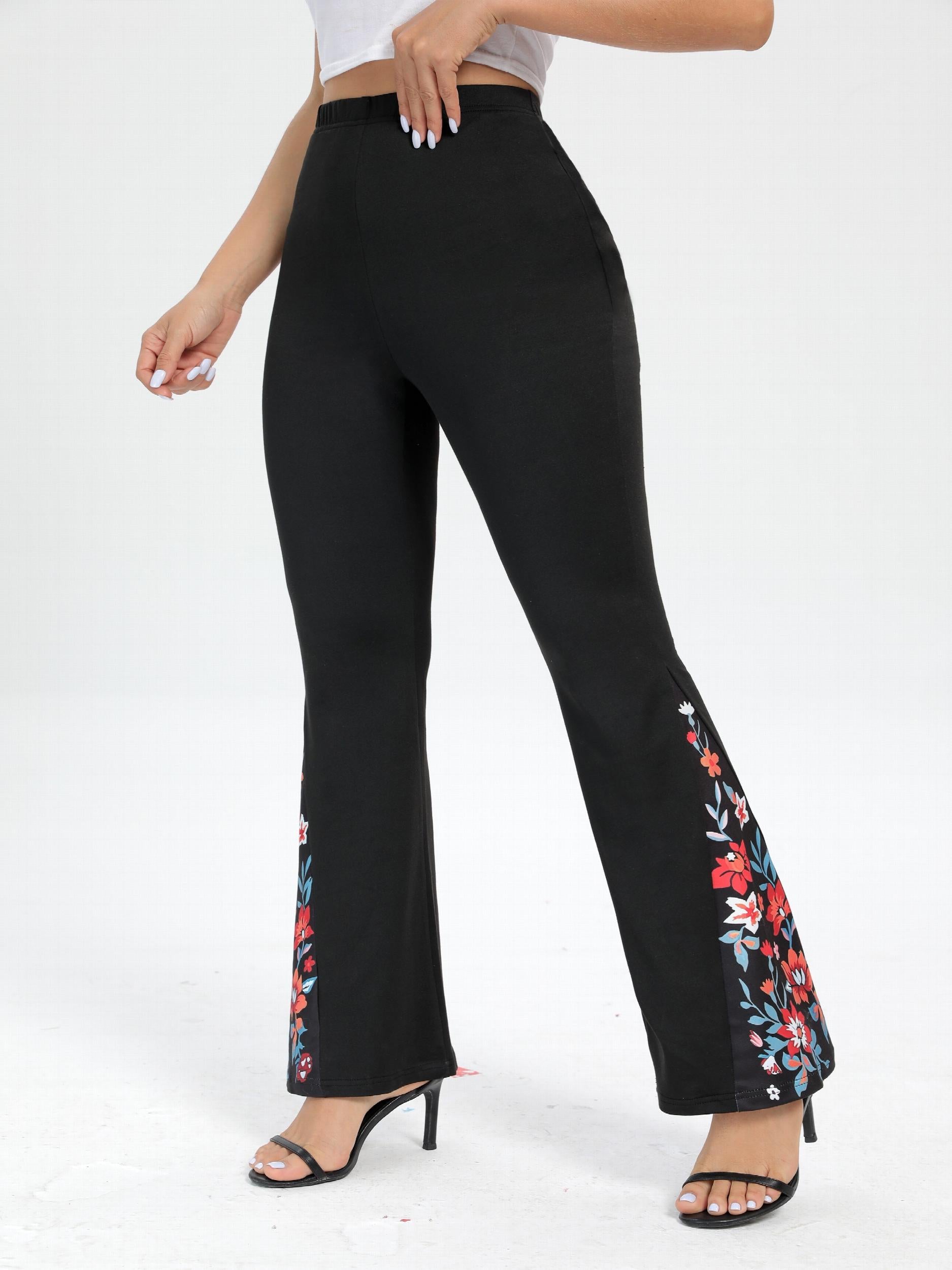  Colorblock Floral Print High Rise Flared Leg Trousers