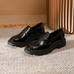 Women's Solid Flat Loafers Patent Leather Slip On Low Thick sole Shoes