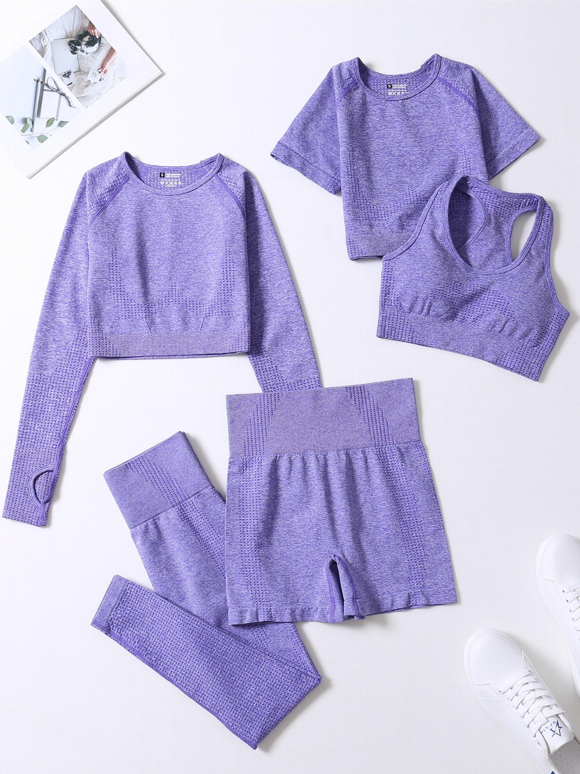 5pcs Workout Sets Crew Neck Sports Bra High Waist Shorts Leggings