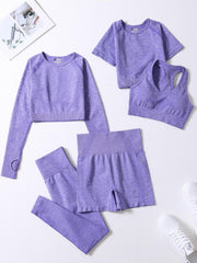 5pcs Workout Sets Crew Neck Sports Bra High Waist Shorts Leggings