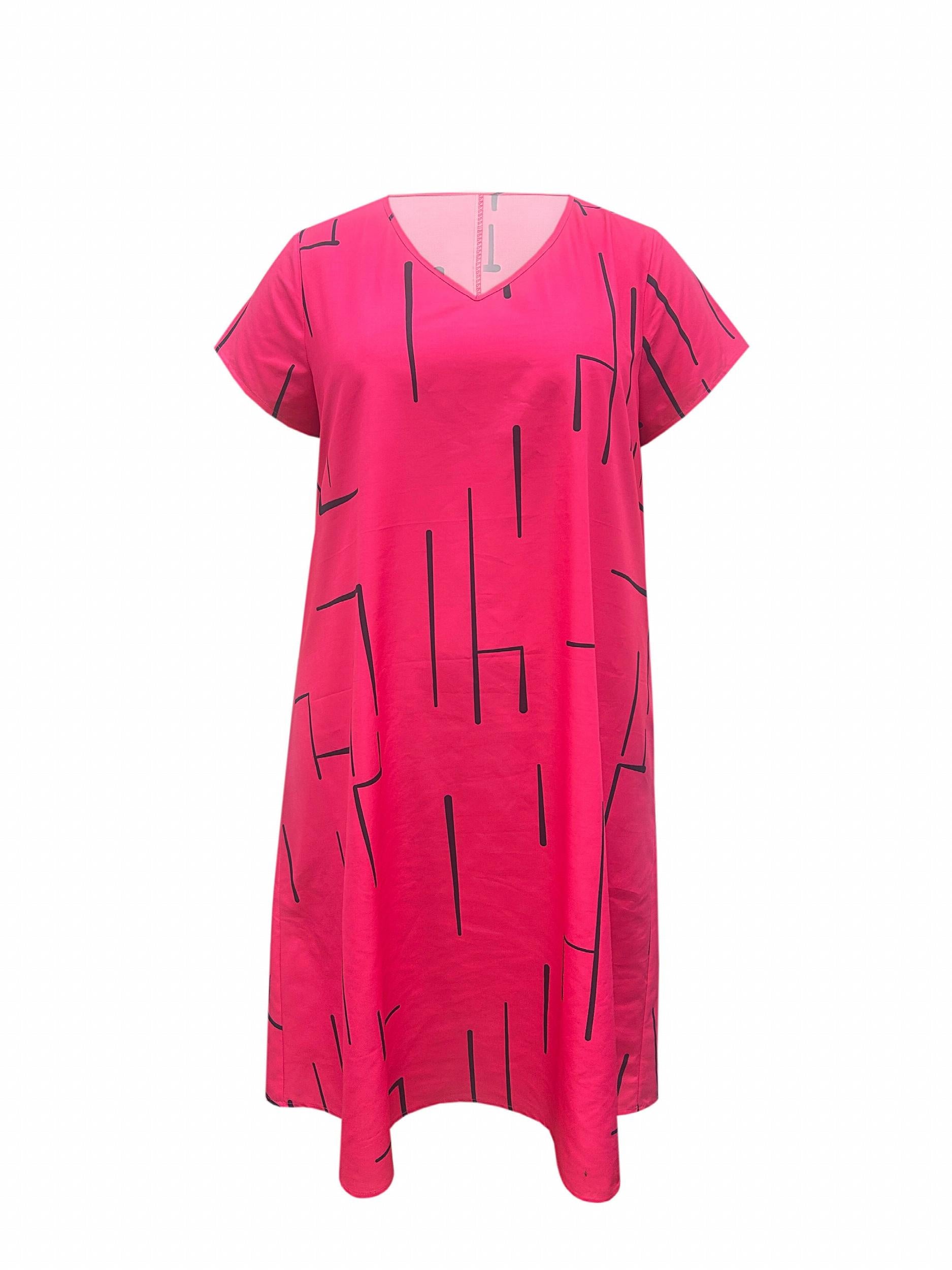  Casual Dress Women's Plus Stripe Print Short Sleeve V Neck