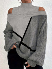  Women's Stripe Print High Neck Sweater