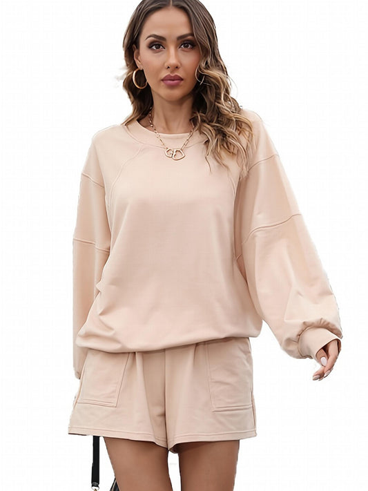 Solid Crew Neck Sweatshirt & Shorts Set for Women