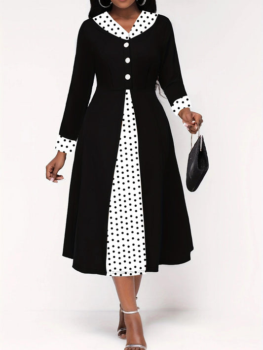  Retro Dress Colorblock Dot Print V Neck A line Midi Dress