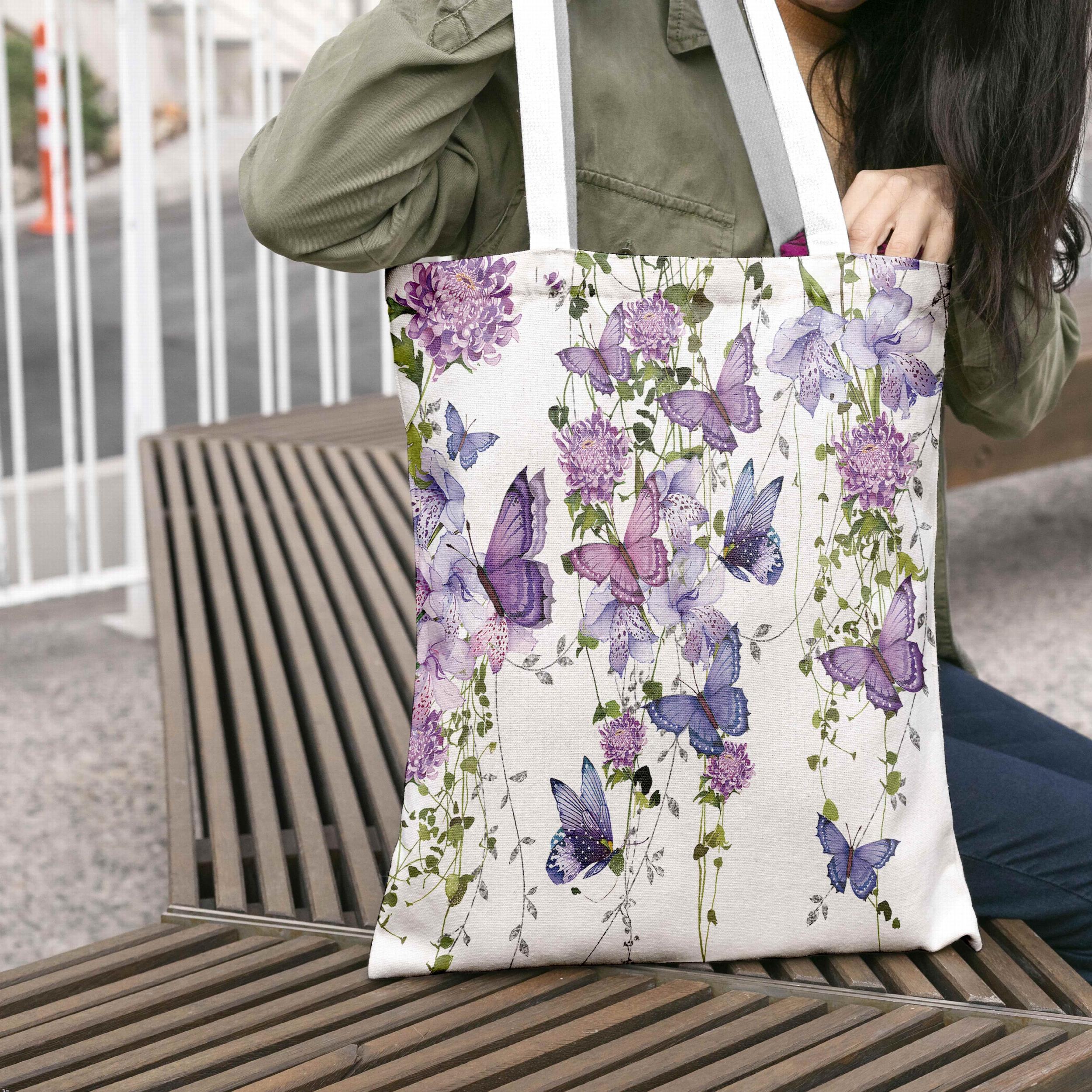 Colorful Butterfly Print Canvas Tote Bag for Daily Shopping