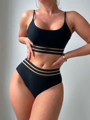 Mesh Contrast Band 2 Piece Bikini High Waist Swimsuit