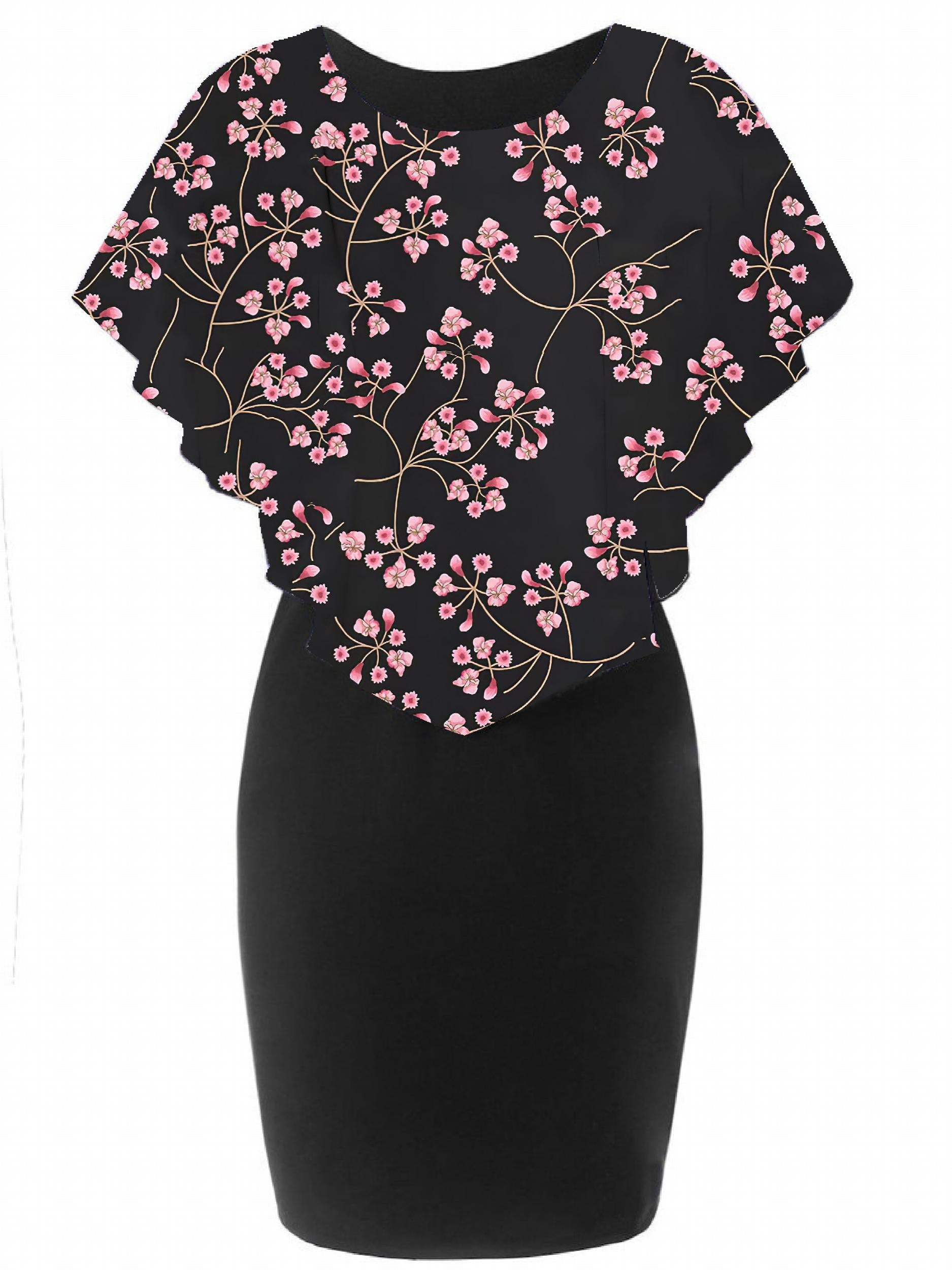 Women's Leaf Print Cloak Round Neck Dress