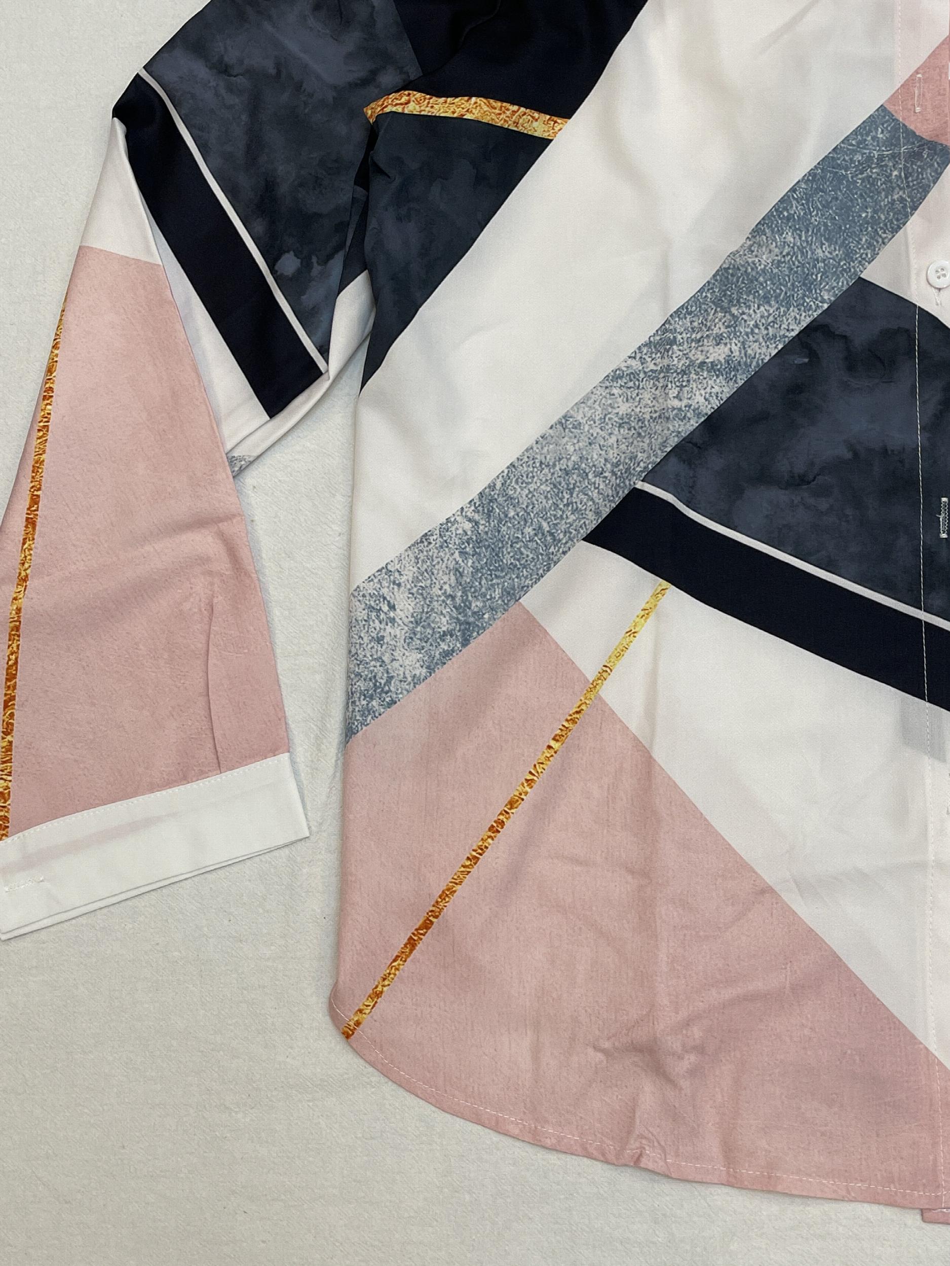  Colorblock Button Up Long Sleeve Blouse