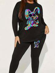  Women's Rabbit Print Top & Leggings Outfits 2 Piece Set