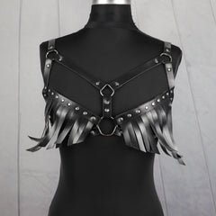 Striped Tassel Caged Bra Harness Belt Rivet Adjustable Corset Belt