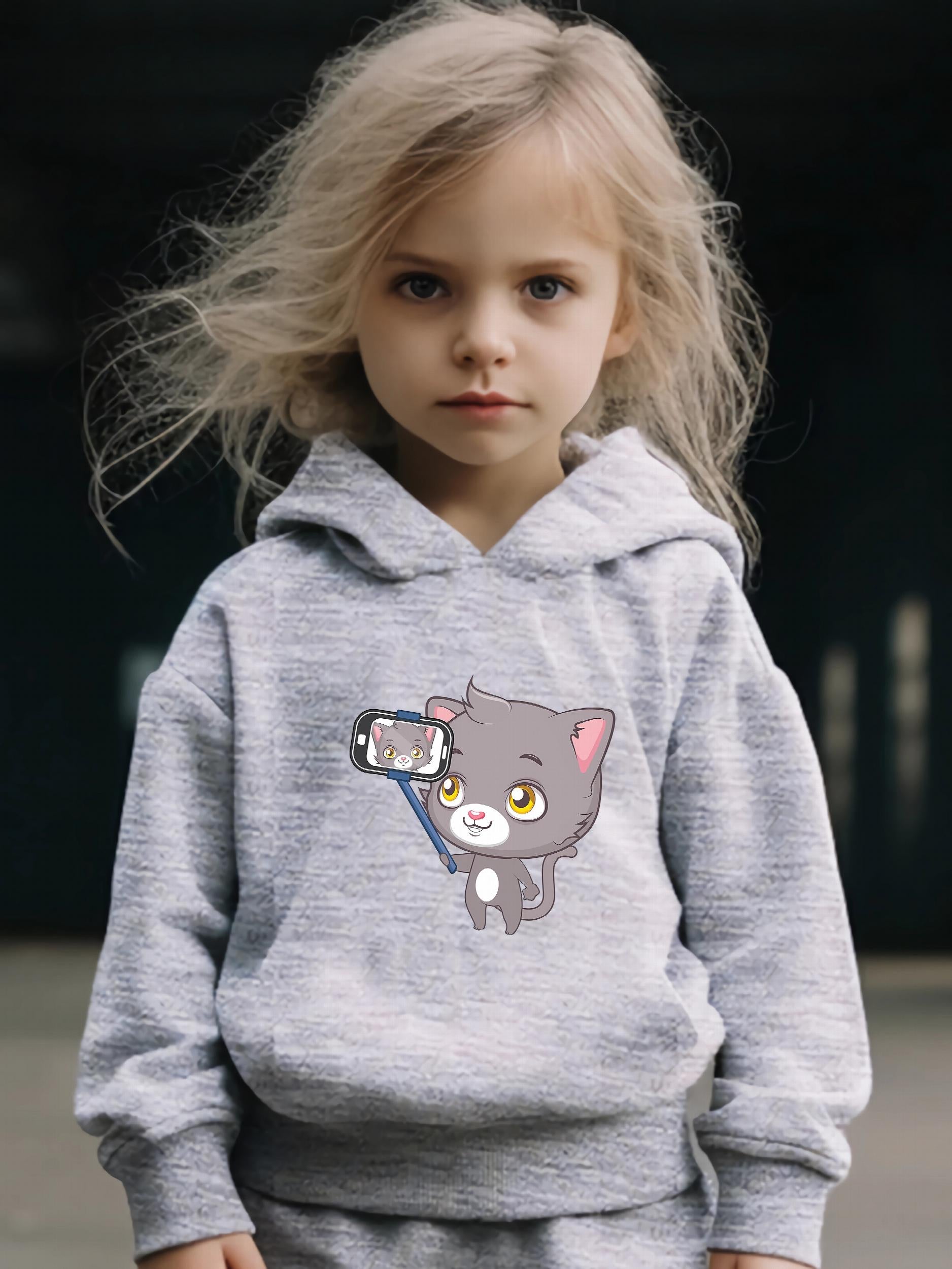 Cat Pattern Long Sleeve Hooded Sweatshirt Girls Comfy Hoodies Pullover