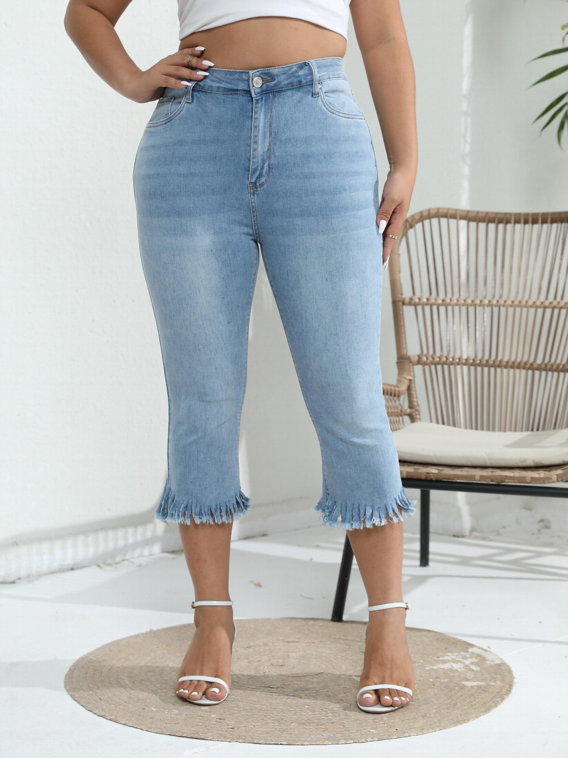  Solid Fringe Trim High Stretch Cropped Jeans