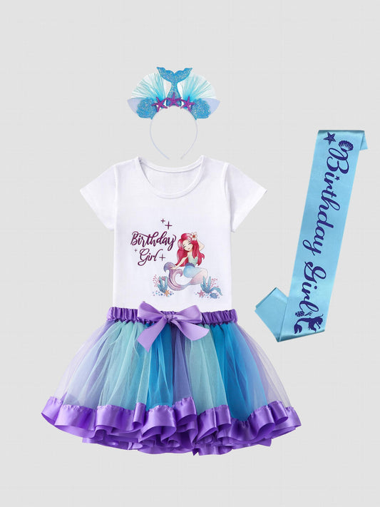 4pcs Toddler Girls Mermaid Graphic T Shirt & Mesh Tutu Skirt Set
