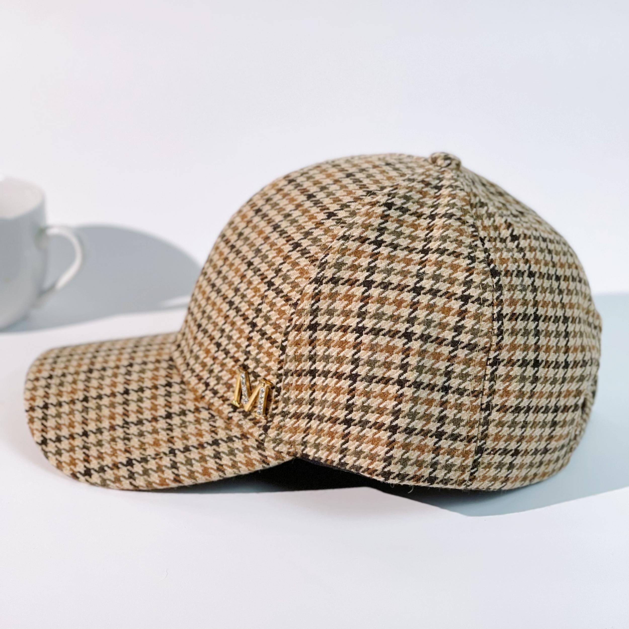 Houndstooth Pattern Baseball Cap M Label Decor Beige Sun Hats