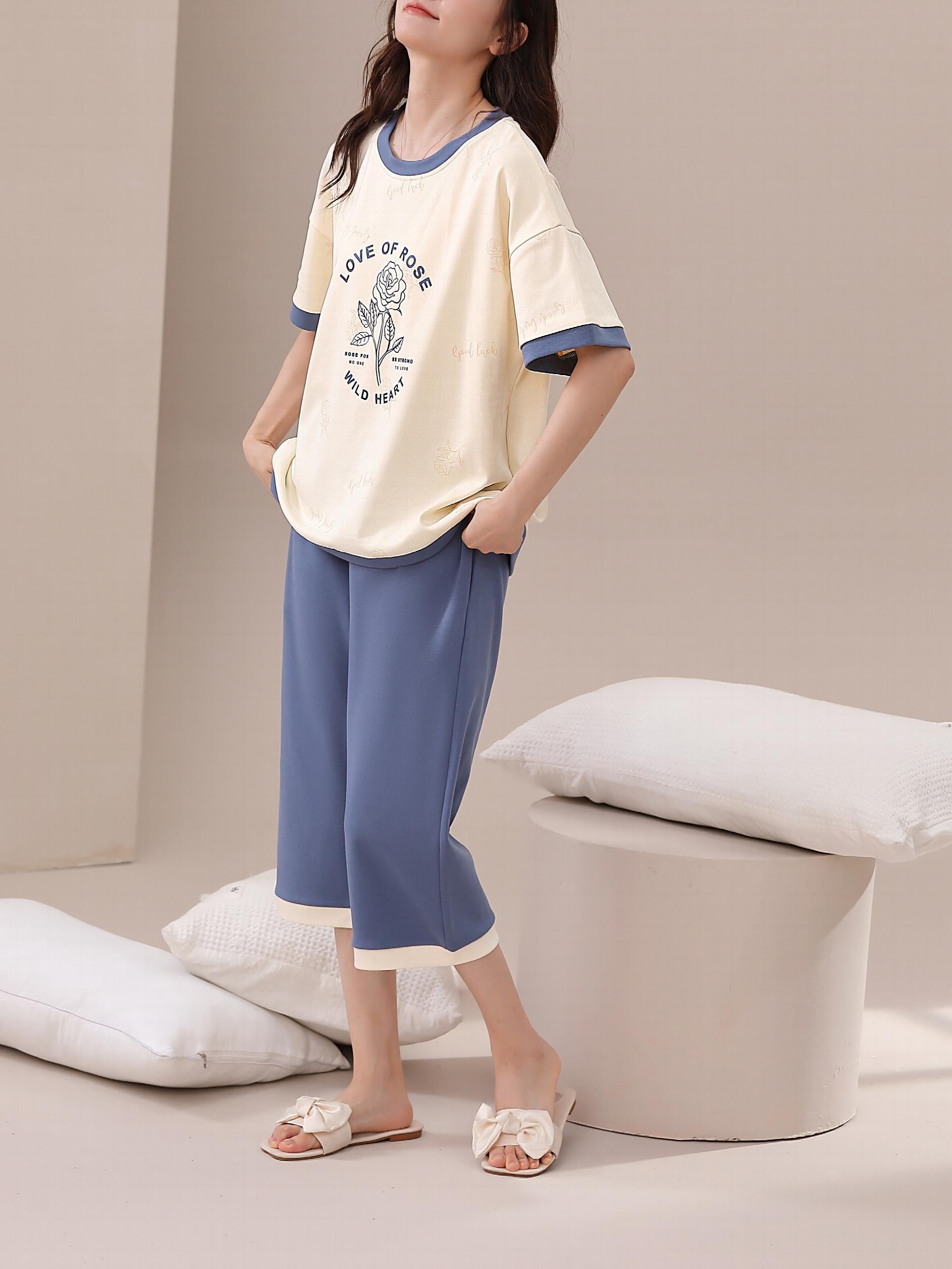 Floral Print Colorblock Pajamas Set Short Sleeve Tee Top & Crop Pants Pj Set