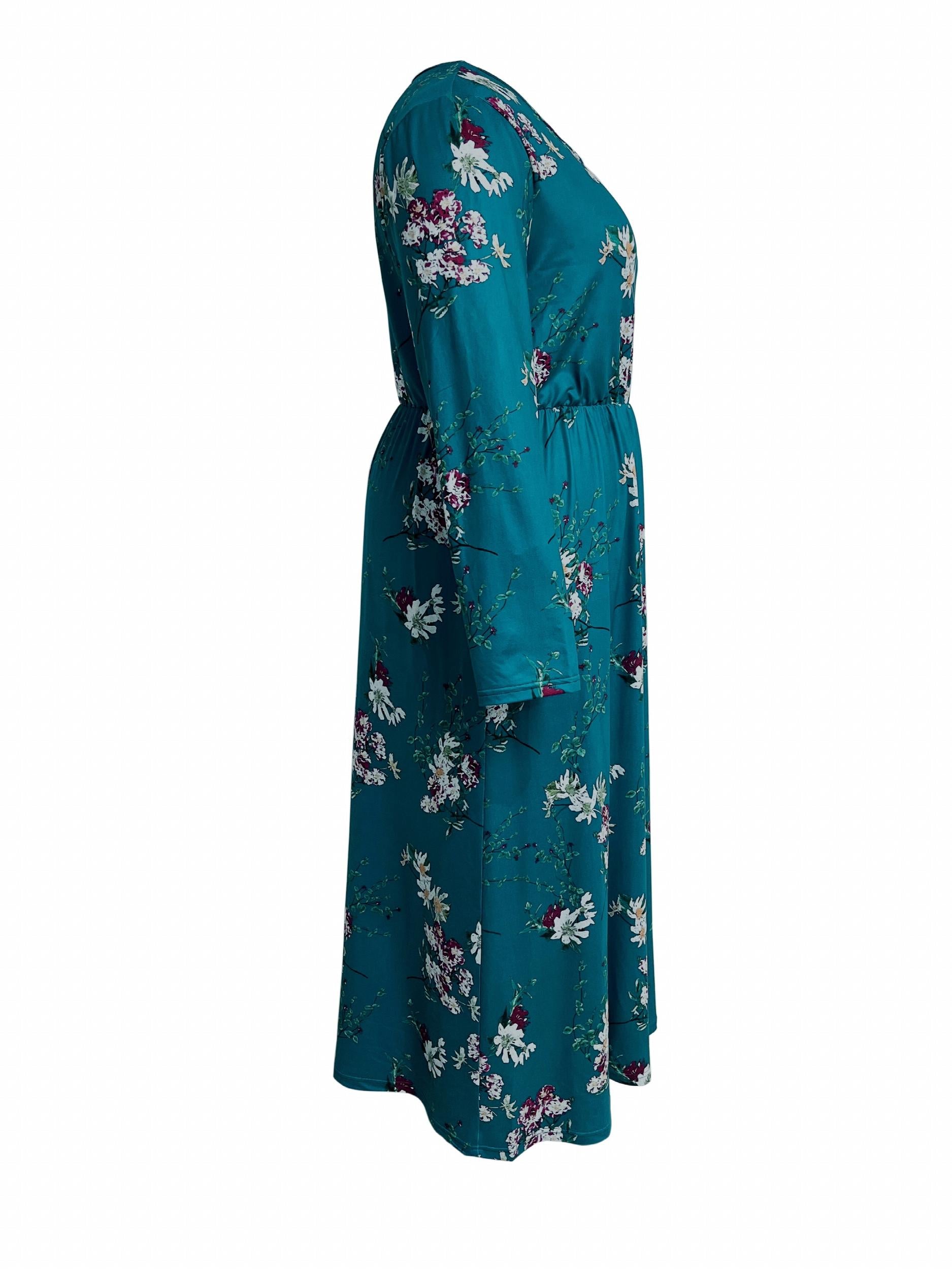  Floral Print Long Sleeve Round Neck Dress