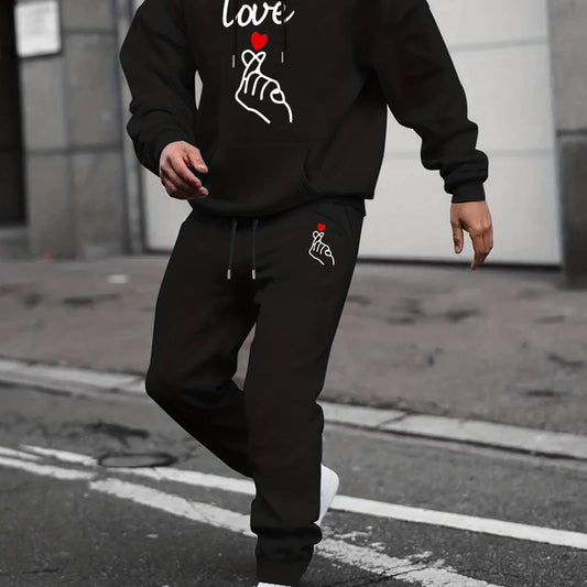 Love Hearts Print Men's 2Pcs Outfits Crew Neck Long Sleeve T Shirt Hooded Sweats