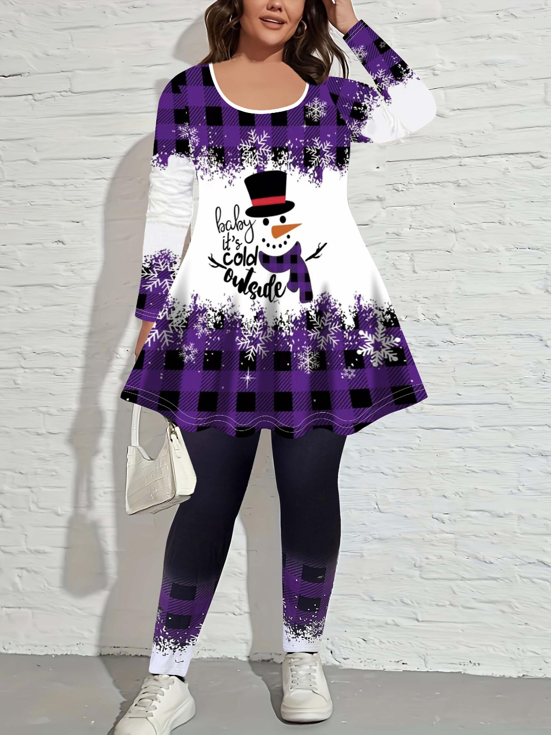  Christmas Snowman Print Tunic Top & Leggings Set