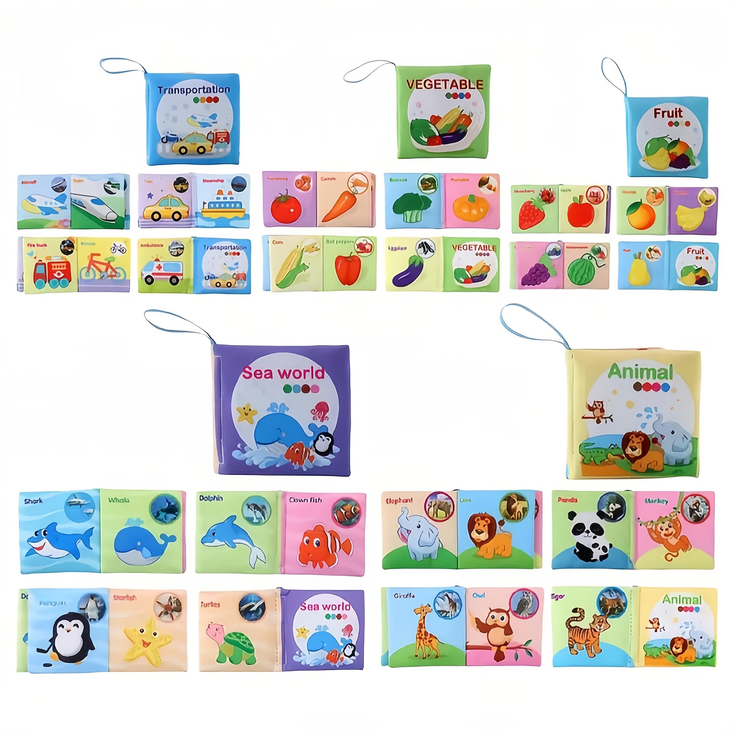 Fabric Book Set for 0-36 Months, Animal Vehicle Fruit & Vegetable Themes