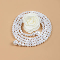 Faux Pearl Waist Chain Rose Decor Waistband Dress Sweater Girdle