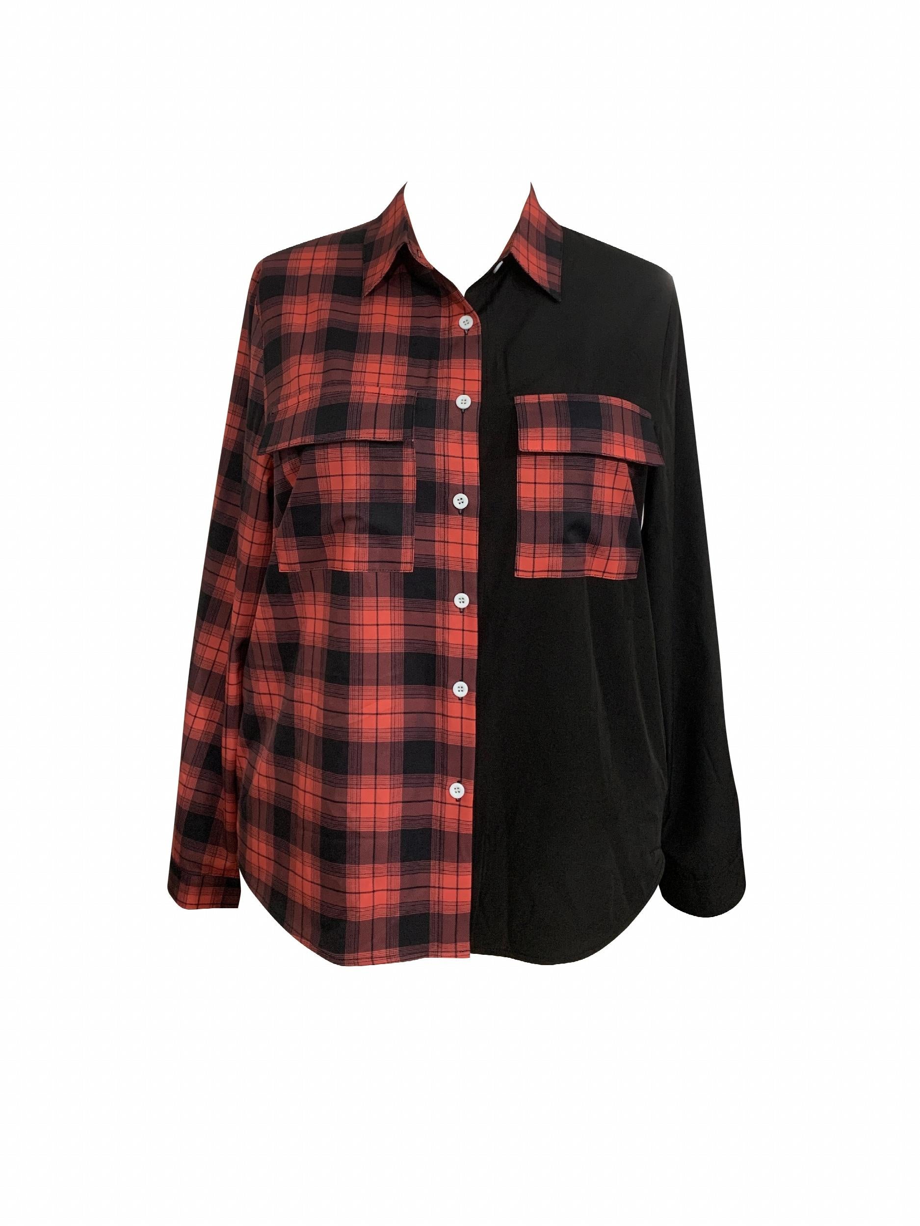  Colorblock Plaid Print Button-Up Blouse