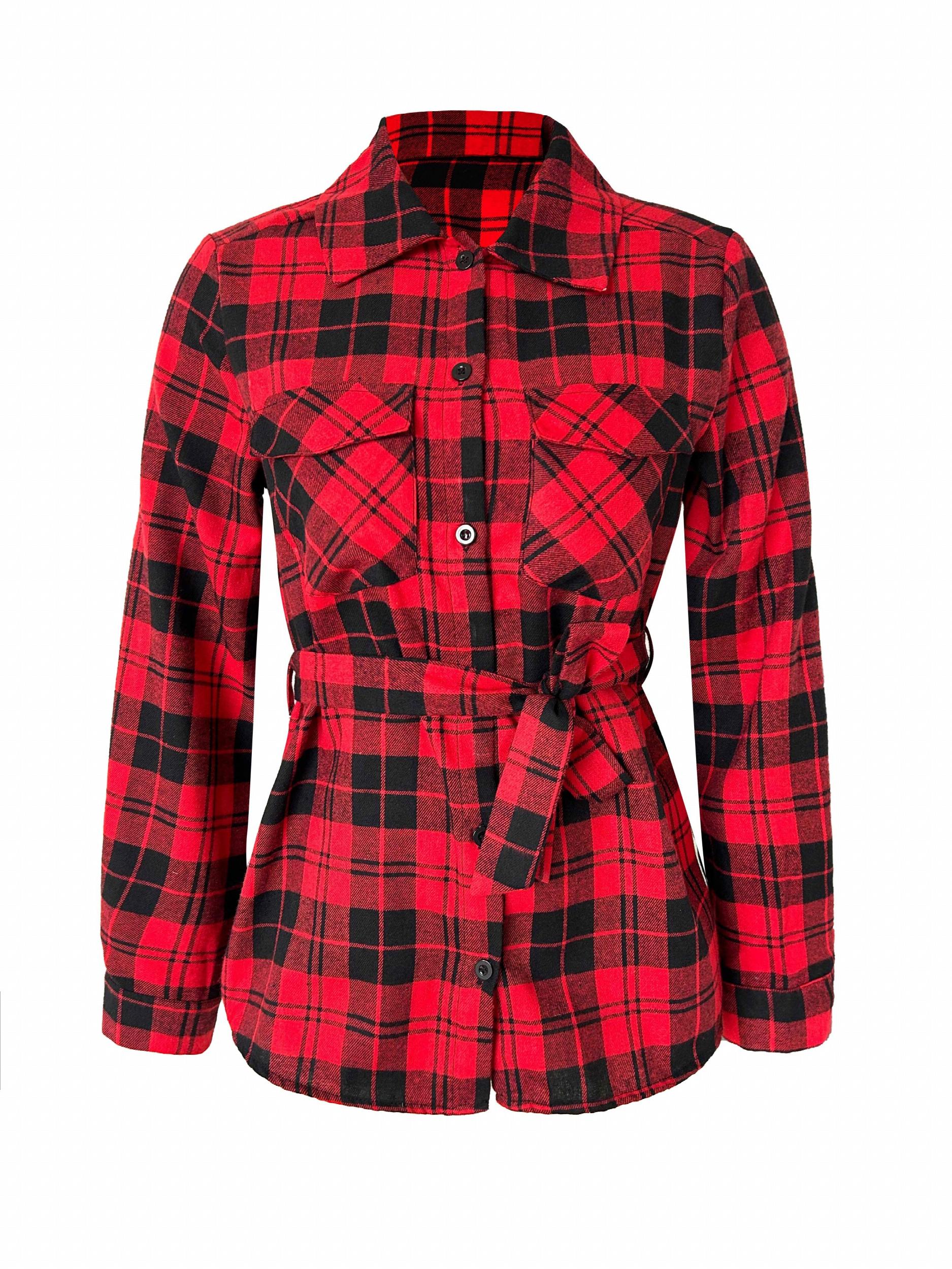  Plaid Print Button Up Long Sleeve Blouse With Belt