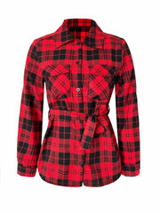  Plaid Print Button Up Long Sleeve Blouse With Belt
