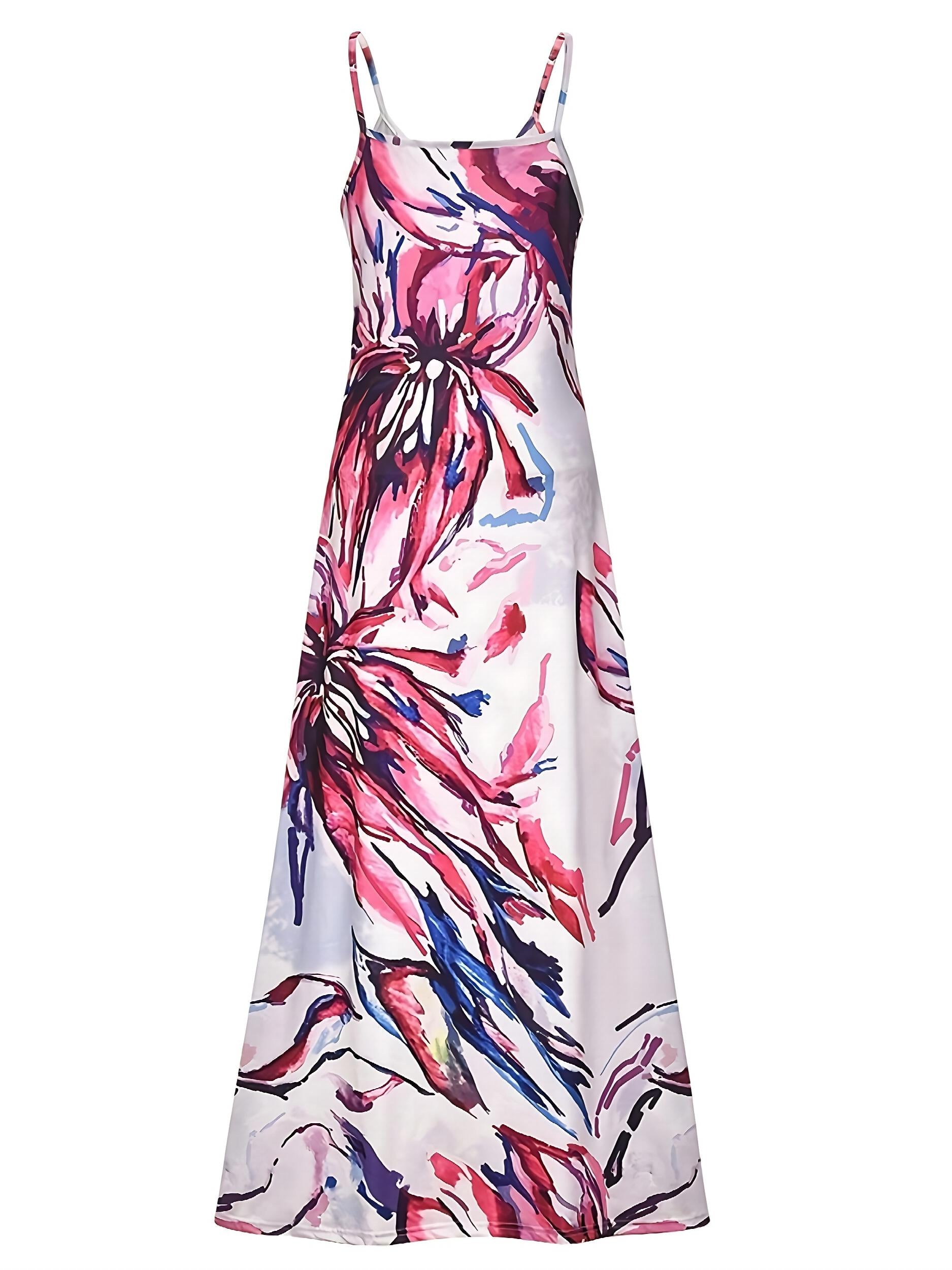  Floral Print V Neck Stretch Maxi Dress