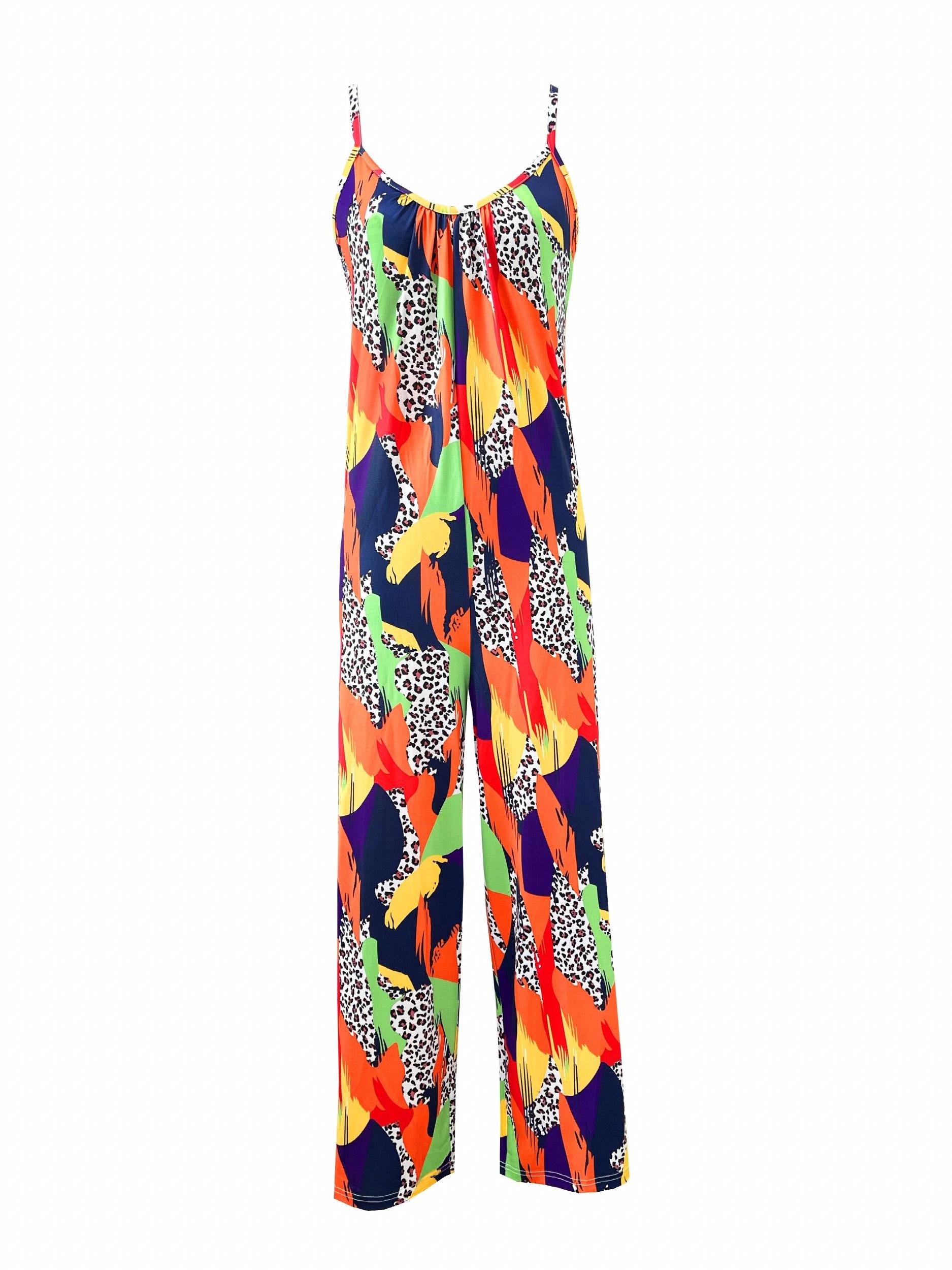  Colorblock Leopard Print Cami Jumpsuit with Pockets
