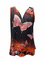 Butterfly Print Zipper V Neck Plus Size Tank Top