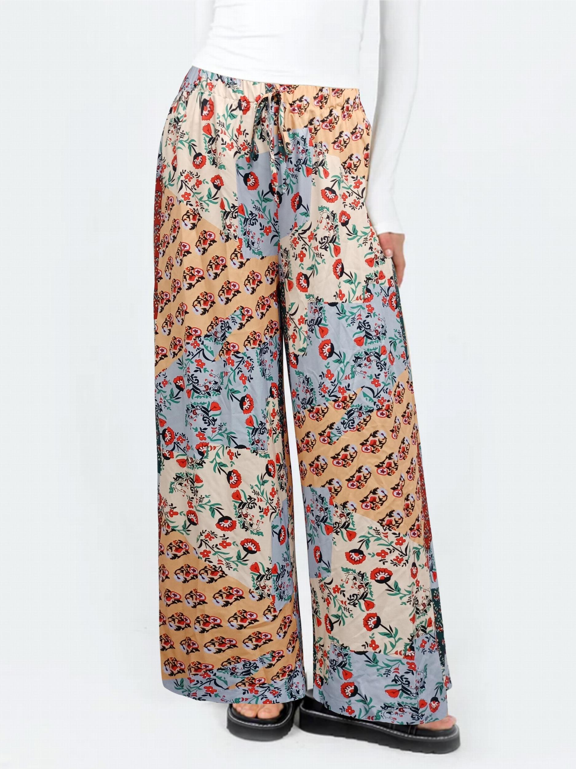  Boho Pants Women's Plus Patchwork Print Wide Leg Trousers