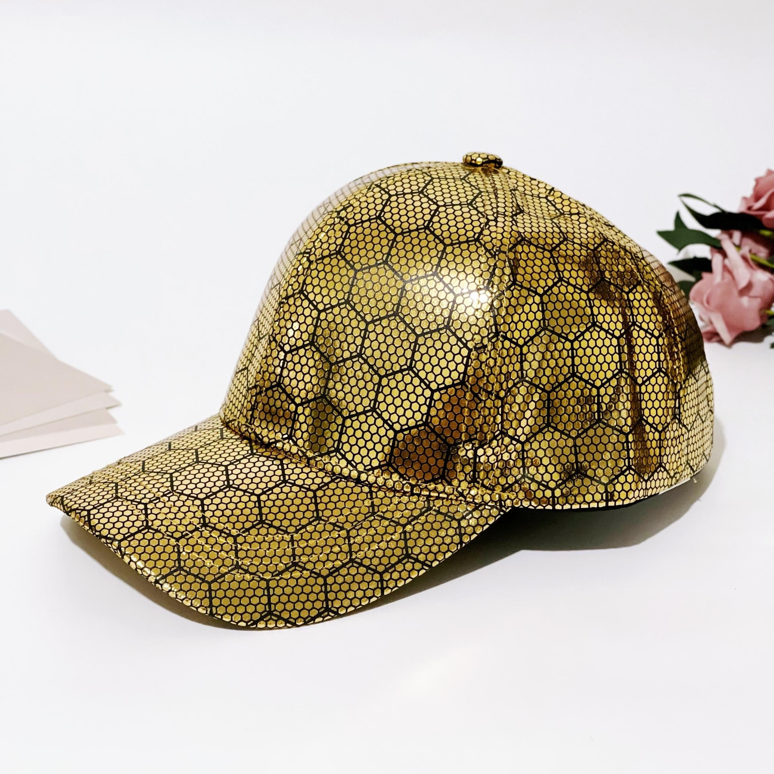 Golden Plaid Baseball Cap PU Leather Hip Hop Sun Hat