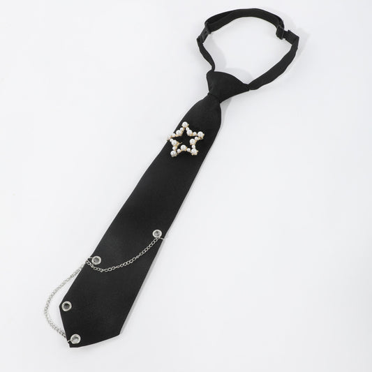Faux Pearl Pentagram Decor Tie Solid Chain Tassel Neck Tie