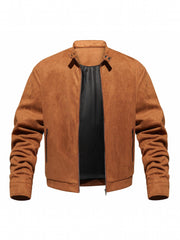 PU Jacket Men's Solid Zip Up Stand Collar Faux Leather Jacket